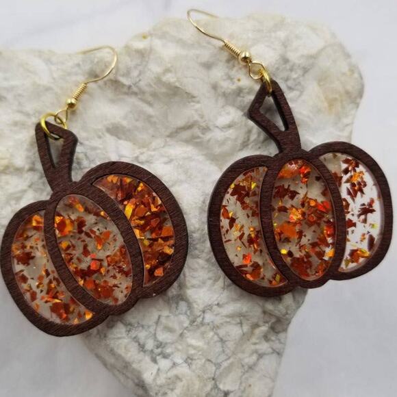 Wood Pumpkin Dangle Earrings Fall Sparkle - Picture 1 of 2